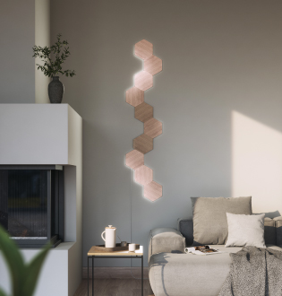 This is an image of a 10 panel Nanoleaf Elements mounted on the wall behind a couch in a living room. These modular panels are fully customizable and create a design that's connected together with linkers. Smart light panels are the perfect living room lights for keeping your space fresh and exciting.