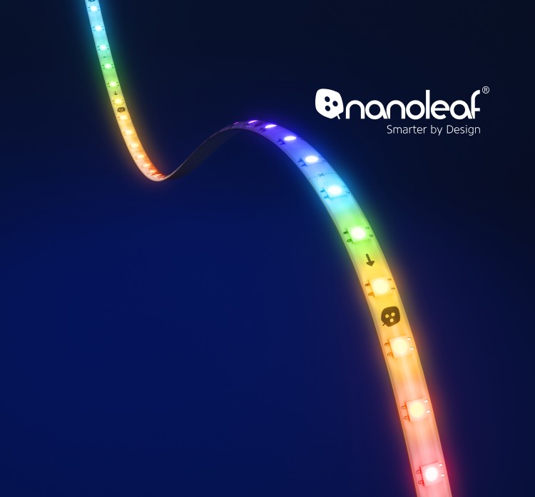 Outdoor wooden patio with multicolor outdoor string lights over a cream-colored corner couch. Two floor pillows and the lawn are visible. An iPhone graphic displays the Nanoleaf app's Scene Selection page for outdoor string lights.