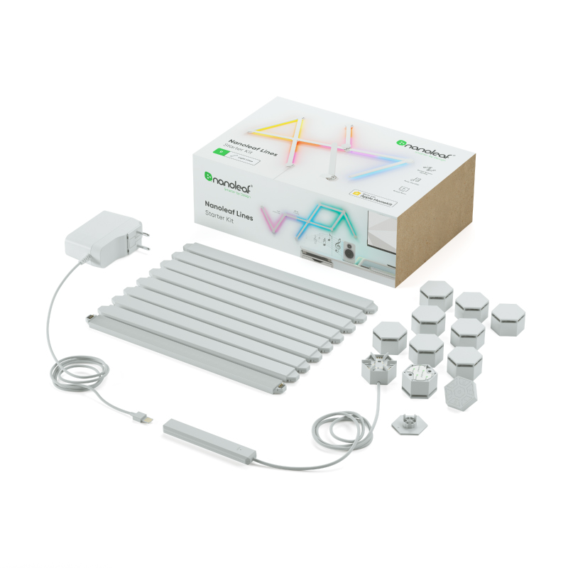 Nanoleaf Lines Thread enabled color changing smart modular backlit light lines. 9 pack. Has expansion pack, flex connector, and skins accessories. HomeKit, Google Assistant, Amazon Alexa, IFTTT.