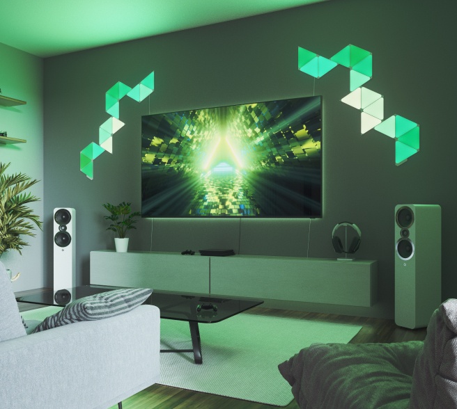 Office bedroom setup with Nanoleaf Lines RGB lights mounted above the desk and monitor. The perfect gaming lights for your PC battlestation.