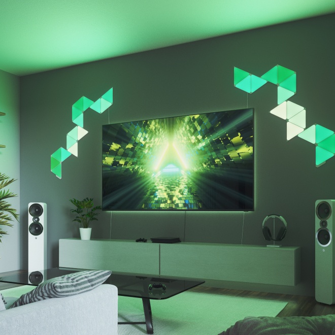 Office bedroom setup with Nanoleaf Lines RGB lights mounted above the desk and monitor. The perfect gaming lights for your PC battlestation.