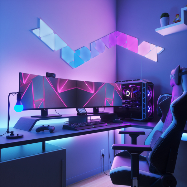 Nanoleaf Shapes Thread enabled color changing smart modular light panels flex linkers mounted to a wall above a battlestation. Similar to Philips Hue, Lifx. HomeKit, Google Assistant, Amazon Alexa, IFTTT.
