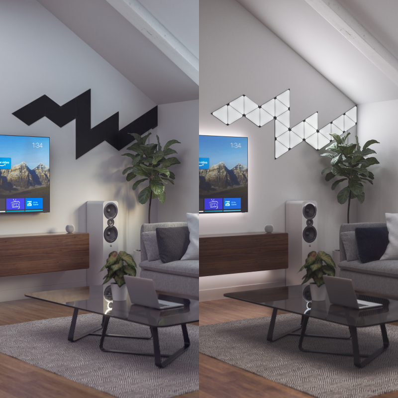Nanoleaf Shapes Thread enabled color changing black triangle smart modular light panels mounted to a wall in a living room. Similar to Philips Hue, Lifx. HomeKit, Google Assistant, Amazon Alexa, IFTTT.