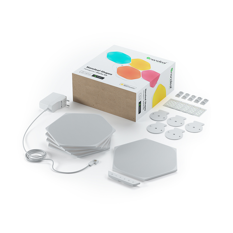 Nanoleaf Shapes Thread enabled color changing hexagon smart modular light panels. 5 pack. Has expansion packs and flex linker accessories. Similar to Philips Hue, Lifx. HomeKit, Google Assistant, Amazon Alexa, IFTTT.